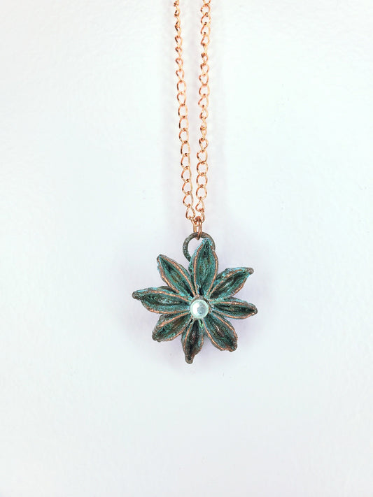 Star Anise Pod Charm Necklace Copper Plated Copper Electroformed Seed Pod Pendant Green Swarovski Crystal