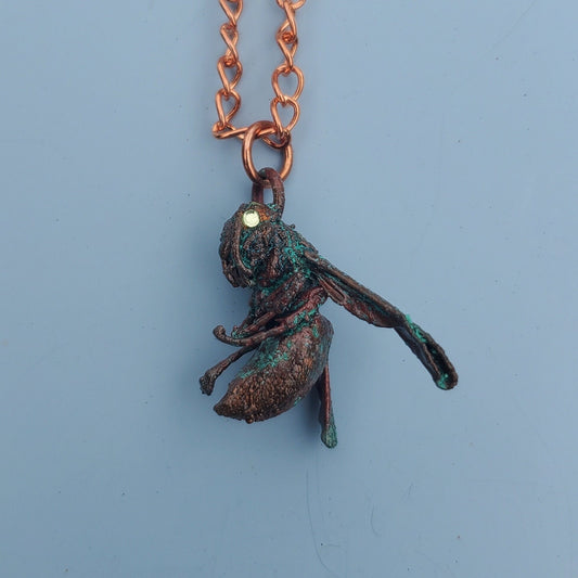 Hornet Necklace Real Wasp Necklace Copper Plated Hornet Copper Electroformed Insect Jewelry Real Bug Necklace Green Swarovski Crystal